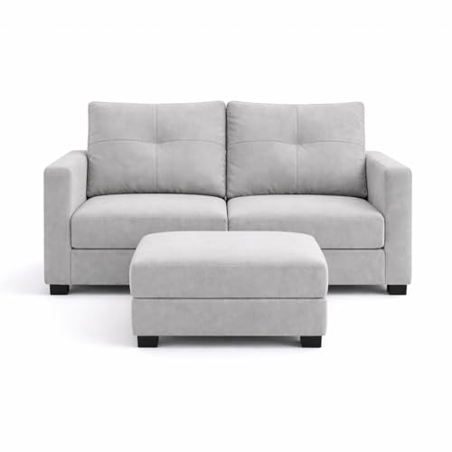 Image of FURNY Heritage 2 Seater Fabric Sofa Set with 1 Ottoman (Light Grey) with Velvet Finish | Durable Comfort | Ideal for Living Room