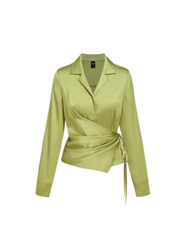 CIDER Womens Blouses Long Sleeve Shirts Notched Collar Ruched Knotted Shirt Blouse Elegant Office Work