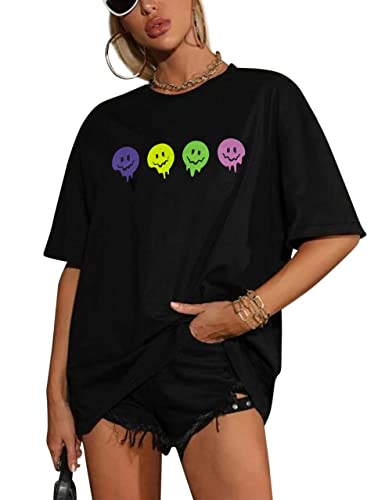 MISSACTIVER Women’s Oversized Smile Graphic T-Shirt Trendy Vintage Casual Summer Loose Short Sleeve Tee Shirt(Black,Large)