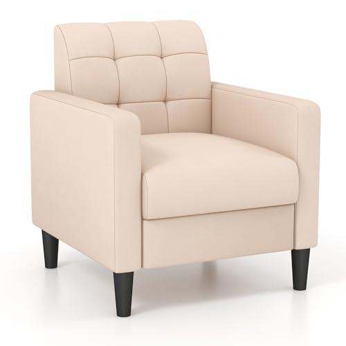 COSTWAY Relaxsessel modern, Fernsehsessel aus Samt im Mid-Century-Stil, gepolsterter Sessel mit getufteter Rückenlehne, Armlehnen & Holzbeine für Wohnzimmer, Schlafzimmer und Heimbüro, beige