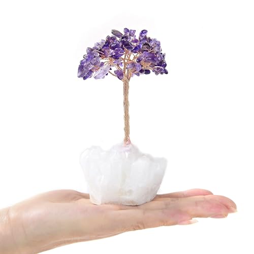 KALIFANO Natural Amethyst (100+ Gemstone Count!) Chakra Crystal Tree with Quartz Cluster Base - Bonsai Feng Shui Money Tree for Positive Energy, Luck and Wealth