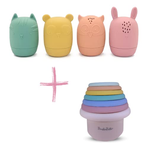 Image of BrushinBella Silicone Bath Toys 4-Pack - Cleanable Silicone Toys with Montessori Stackable Cups - Baby Bath Toys - Dishwasher-Safe Bath Toys - Toddler Tub Toys - Baby Bath Essentials
