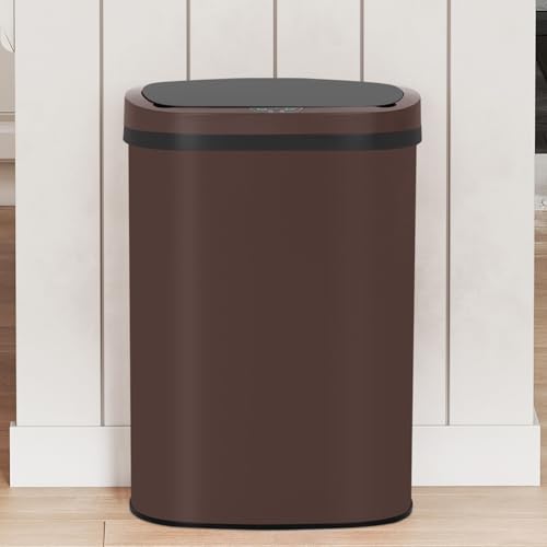 WYGMAV 13 Gallon Kitchen Trash Can Automatic Garbage Can with Lid, 50 Liter Trash Bin Touch Free Garbage Bin High-Capacity Brushed Stainless Steel Waste Bin for Bedroom Home Office, Brown