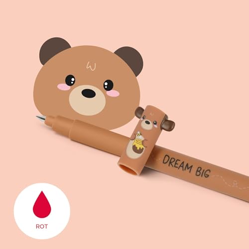 LEGAMI - Set mit 4 Gel-Radierstiften, Motive Dino, Teddybär, Panda, Lama, Kugel am Ende zum Entfernen der Tinte, Schwarz, Blau, Grün, Rot, Temperaturempfindlich, Spitzendurchmesser 0,7 mm