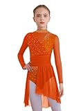Oyolan Robe Danse Classiuqe Fille Enfant Tenue Patinage Artistique Strass Manches Longues Justaucorps Robe Danse Contemporaine Lyrique Orange 13 14 Ans