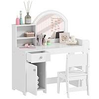 AIYAPLAY Kids Vanity Table and Chair Set, Girls Dressing Table with 2-Colour LED Mirror, Stool, Cabinet, Drawer, Bookshelf and Shelves for Ages 3-8 Years, White