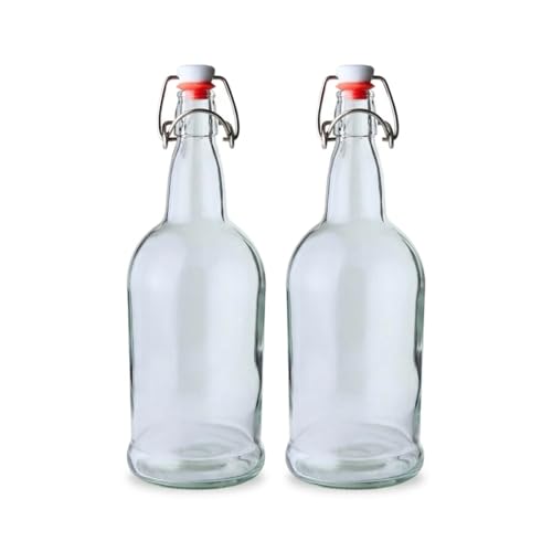FastRack Swing Top Glass Bottles 33 oz – Pack of 2 | Clear Flip Top Glass Bottles with Airtight Lids | Resealable Swingtop Fermentation Bottles for Kombucha, Beer, Mead, Soda & Water