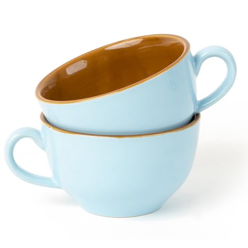 Image of Bodhi House Ceramic Coffee Wide Large Mug with Handle - Set of 2, 350Ml Glossy Finish | Bone Ash Free & Microwave Safe | for Cappuccino, Latte, Green Tea - Arctic Blue