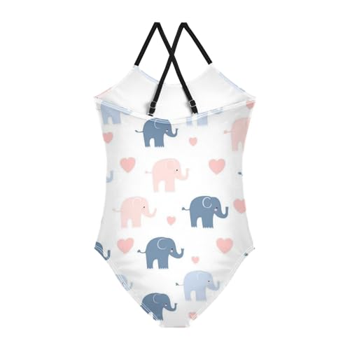 Cute Elephants Girls One Piece Swimsuits Pink Hearts Sport Halter Swimwear Beach Bathing Suit 3T2