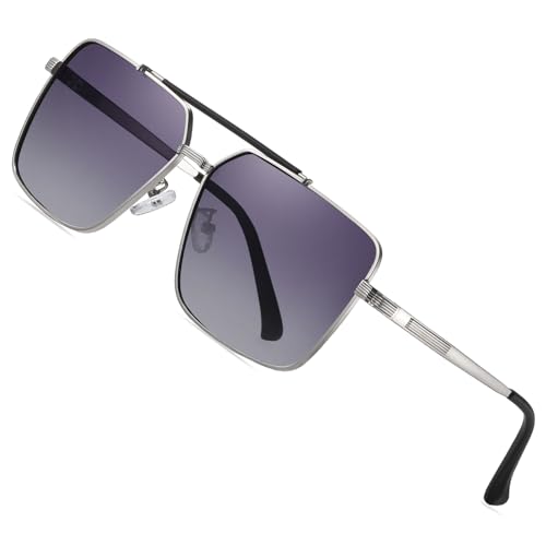 Image of SIPLION Foxdon Polarized Sunglasses Mens - Fashion Square Metal Frame Eyewear Premium Driving Sun glasses JS8552 Silver Grey