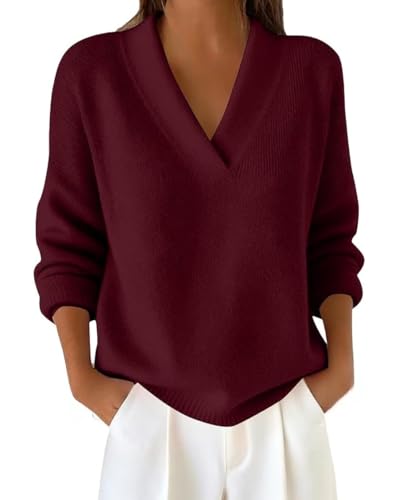 Kenhansion Womens V Neck Long Sleeve Knit Sweaters Fall Fashion Warm Sweater Tunic Tops Dressy Lightweight Casual Work Blouse (Wine Red,Medium)