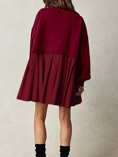 Image of Dokuritu Sweatshirt Dress Women Crew Neck Long Sleeve Patchwork Pullover Tops Flowy Oversized Sweatshirt Mini Dress