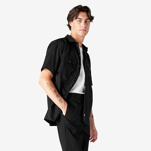 Dickies Men's Twill Short Sleeve Work Shirt – Lightweight Durable Uniform with Pockets for Warehouse, HVAC, Black, Small