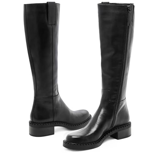 Image of KaroNairy Women Knee High Boots Faux Leather Long Boots Low Chunky Heel Square Toe Side Zipper Fall Tall Boots