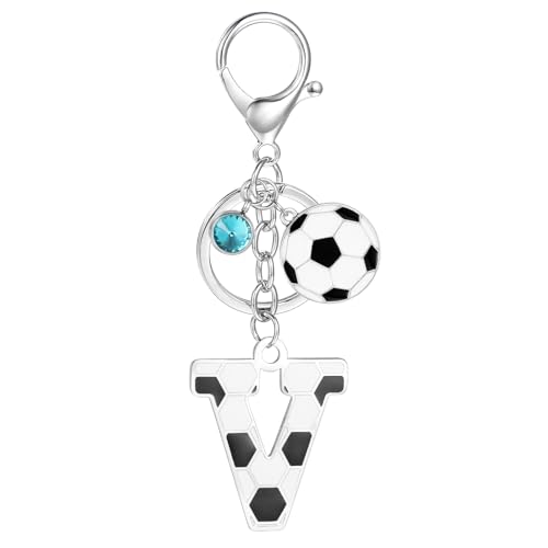 MWOOT Llavero Futbol de Letra Inicial, Llavero Nombre con Colgante de Fútbol para Niño Niña, Llaveros de Regalo para Amantes del Fútbol para Bolso Mochila Llave de Coche y Puerta(V)