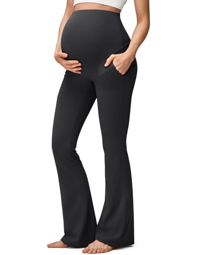 G4Free Maternity Flare Leggings with Pockets Over The Belly Stretchy Yoga Trousers Casual Pregnancy Dress Pants for Work(Black,M,Petite)