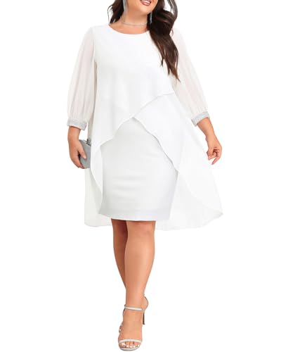 Image of Talisea Plus Size Cocktail Dress - Elegant Chiffon Cape 3 /4 Sleeves Glitter Evening Party Wedding Guest Dresses Women Formal
