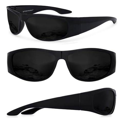 grinderPUNCH Super Dark Lens Black Sunglasses | Biker Style Rider | Wrap Around Frame Cover