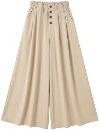 Palazzo Pants Women Summer Elastic High Waisted Wide Leg Flowy Pants for Beach Vacation Comfy Trousers with Pockets Beige — view 2