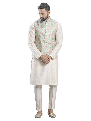 Elina fashion Men's Indian Cotton Kurta Pajama And Printed Nehru Jacket (Waistcoat) Indian Wedding Ethnic Diwali Puja Set