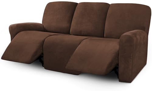 Image of ULTICOR Velvet 8-Pieces Recliner Sofa Covers Stretch Reclining Couch Covers for 3 Cushion Reclining Sofa Slipcovers Furniture Covers Thick Soft Washable (3 Seater Recliner Cover, Chocolate)