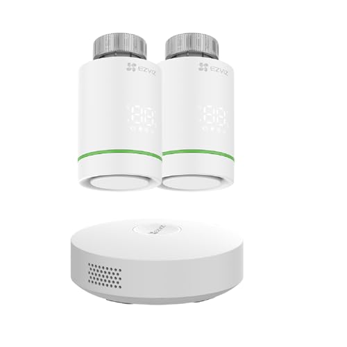 EZVIZ Válvulas Termostaticas WiFi Inteligente, Kit de 2 Termostatos de Radiador con A3 Puerta de Casa, Control de Calefacción Energética Eficiente, DIY Instalación, Automatización del hogar, T55 Kit