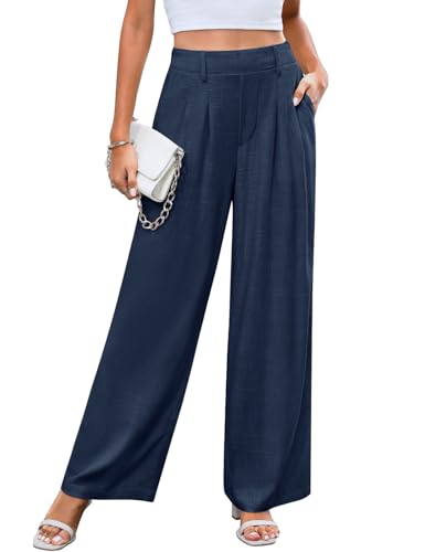 CMTOP Pantalon Lin Femme Été Pantalon Large à Jambe Droite Pantalon Ample Décontracté Fluide Pantalon Taille Haute avec Cordon de Serrage Elastique et...