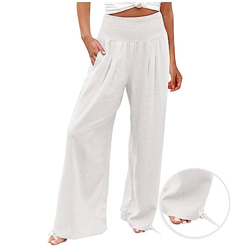 Womens Linen Palazzo Pants Wide Leg High Waisted Lounge Casual Long Pants with Pockets Beach Travel Vacation Outfits2
