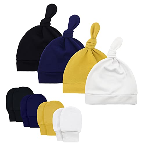 Image of Baby Newborn Hats and Mittens Set 0-6 Months Cotton Beanie Top Knot for Baby Boys Girls Winter