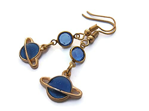 Enameled Blue Planet Birthstone Earrings, Gold Tone Fantasy Earrings, Personalized Outer Space Jewelry