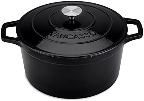 vancasso Cast Iron Pot, 3 Liters Round Shallow Casserole Dish with Lid, Natural Non-Stick Slow Cook Enameled Cast Iron Dutch Oven, Blue Exterior with Cream Interior, 28cm
