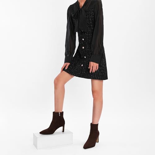 Brown Suede Ankle Boots for Women Pointed Toe Chunky High Heeled Booties Fall Dressy Short Boots with Zipper2