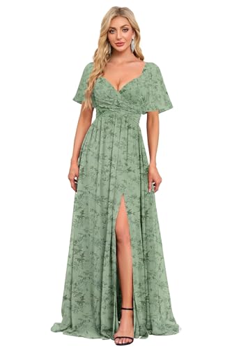 Image of Women's Flutter Sleeves Chiffon Bridesmaid Dresses with Slit Long A Line V-Neck Formal Party Dress with Pockets