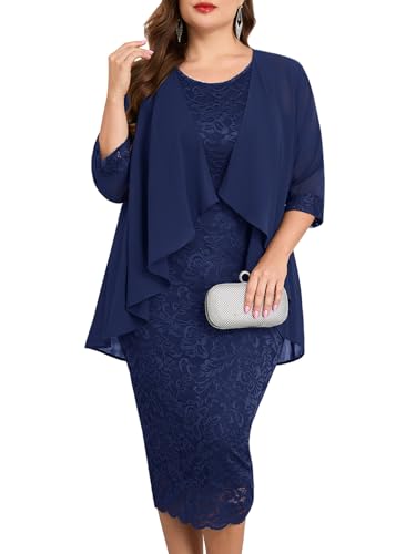 CYCLAMEN Plus Size Formal Mother of The Bride Groom Dress Suit with Jacket Lace Chiffon 2 Pcs Set Outfit Wedding Guest, Navy Blue, 2X