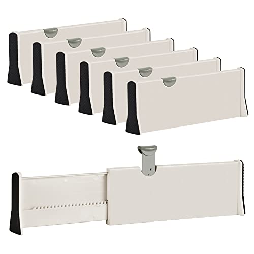 Image of JONYJ Drawer Dividers Organizer 6 Pack, Adjustable Separators 4" High Expandable from 11-17" for Bedroom, Bathroom, Closet, Clothing, Office, Strong Secure Hold, Foam Ends, Locks in Place