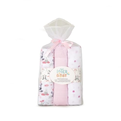 Interbaby Babytücher aus Baumwolle, 80 x 80 cm, Packung mit 3 Mullwindeln für Neugeborene, Stillen, Handtuch, Decke, bequem, weich, atmungsaktiv, Fallschirmspringer-Design, Rosa