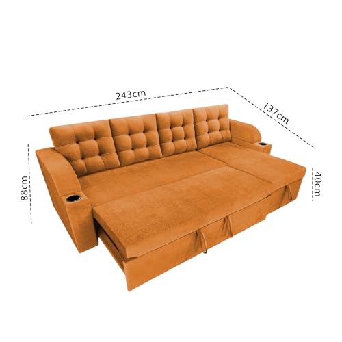 Image of Casaliving Grance RHS 6 Seater Corner Sofa Cum Bed for Living Room with Storage (Orange Fabric) Premium Fabric Sofa Cum Bed