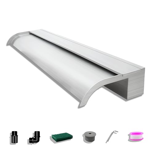 LONGRUNNEW Kit Cascata Piscina Laghetto, Curvo Lame per Fontana da Giardino Esterno in Acciaio Inossidabile con Accessori, Decorazione Laghetto da Giardino Patio (Lunghezza 90cm, Larghezza 18cm)