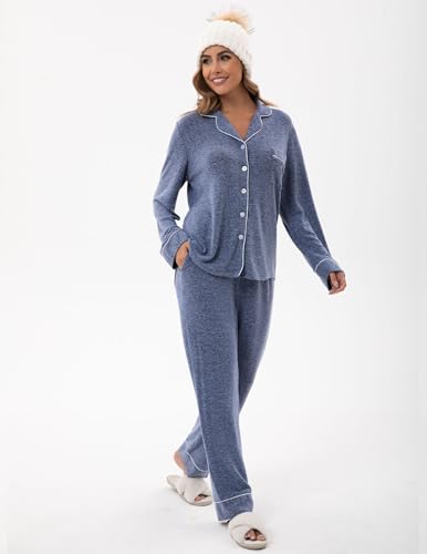 Image of UMBY Women's Silk Satin Pajama Sets, 2 Piece Silky Pjs Sets for Women, Soft Pajama Set with Long Sleeve Top and Pants Deep Blue