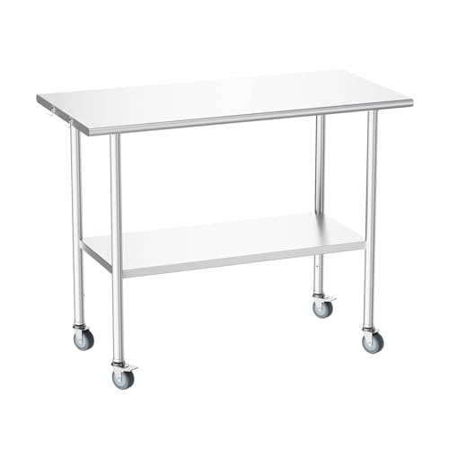 Image of Atelicf All-Stainless Steel Prep Table, 24 X 48 Inches, with Casters and Adjustable Undershelf, Heavy-Duty Build for Outdoor Use,Restaurants,Hotels,Workshops,Kitchens,Gardens, and Garages