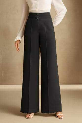 Image of SAKHWALA Women's High Waist Wide Leg Formal Trousers with Double Button Waistband | Office Wear & Casual Wear Pants with Side Pockets - Beige, Grey & Pink