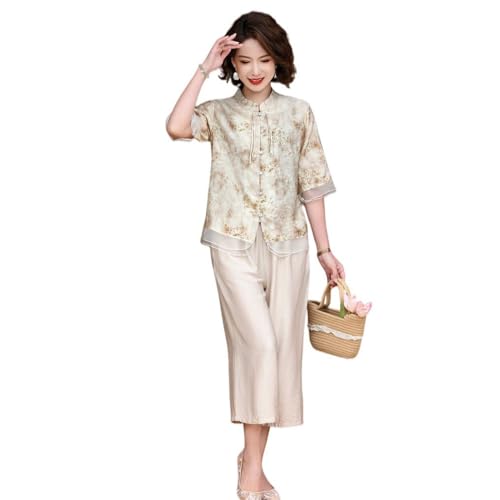 Chemisier deux pièces femme style chinois imprimé manches courtes léger