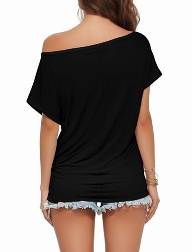 Buauty Womens Summer Off Shoulder Tops Casual Loose Short Sleeve T Shirts One Shoulder Tops Trendy Sexy Cute Tunic Tee2