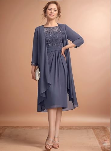 Long Sleeves Mother of The Bride Dress 2 Pieces Lace Appliques Chiffon Crew Neck Formal Evening Party Gowns for Women2
