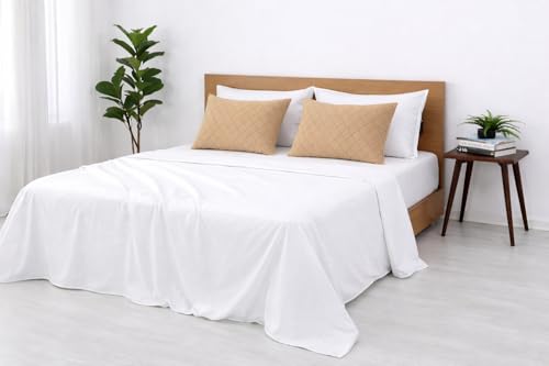 Image of Blue Strip Polycotton Bedsheet, Double 90x100 (White & Burfi) | Hotel Quality | Soft, Breathable & Colourfast | Wrinkle Resistant | Machine Washable | Pillow Covers Included