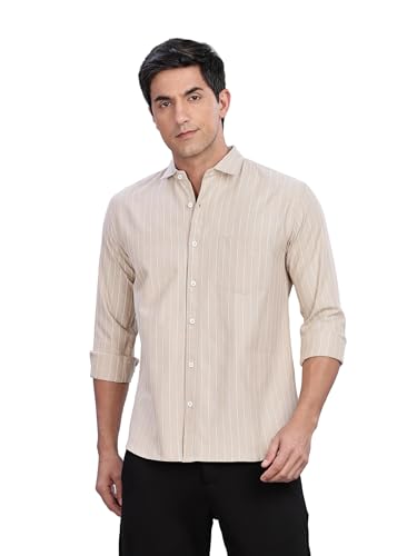 Image of MILDIN Men's Pure Cotton Striped Printed Shirt with Spread Collared Neck Full Sleeve Curved Hemline Button Closure and Regular Fit | Shirt for Man