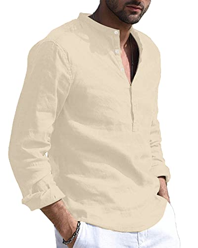 YAOBAOLE Henley Hemd Herren Langarm Business Hemd Herren Fit Anzug, Business, Freizeit, Hochzeit,Strand Khaki 3XL Cover