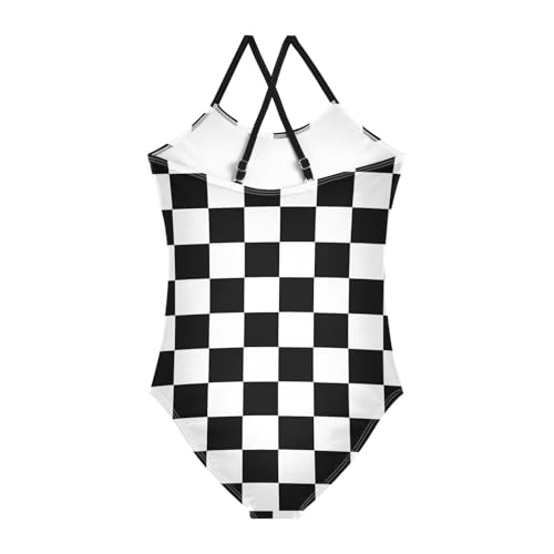Image of Black and White Chess Girls One Piece Swimsuits Board Marble Tile Sport Halter Swimwear Beach Bathing Suit 3T
