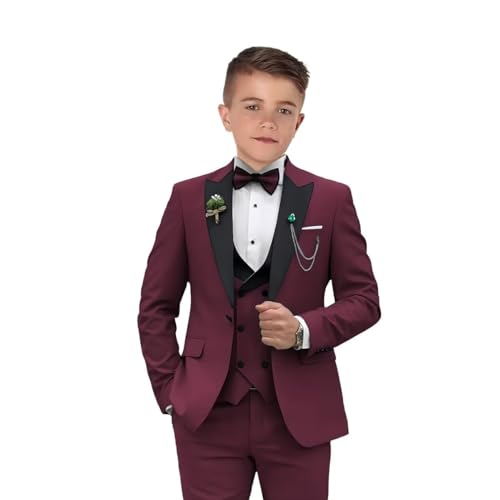 Boys Suits 3 Piece Formal Solid Slim Fit Suit Peak Lapel Blazer Pants Vest Boys Suit Double Breasted Kids Tuxedo Burgundy