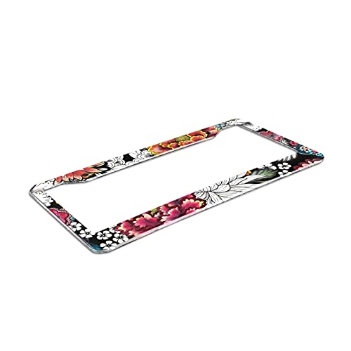 Wozukia Japanese Painted License Plate Frame Flowers Peonies Chrysanthemums Dahlias Carp Asian Traditional Patterns Colorful Metal License Plate Cover Front Plates Frames For Men Us Vehicles Standard #TOP1